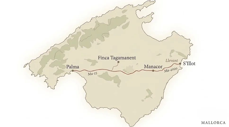 Mapa de Mallorca con Palma, la Finca Tagamanent, Manacor y S'Illot